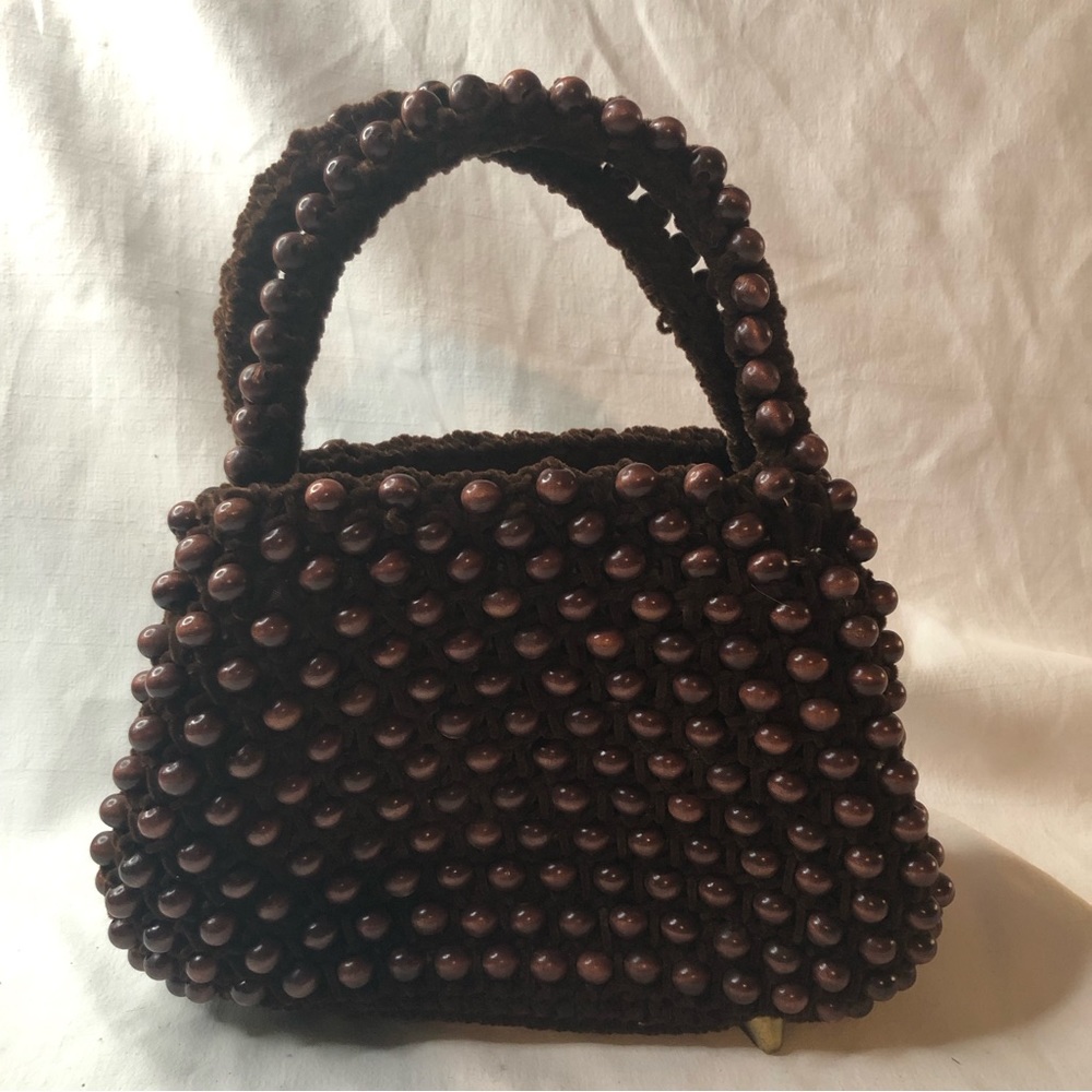 Vintage 1950s Walborg Brown Wood Beaded Purse Original Design Japan 11x10x3 1/2